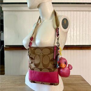 Coach Signature Khaki & Pink Striped Crossbody Shoulder Bag Purse